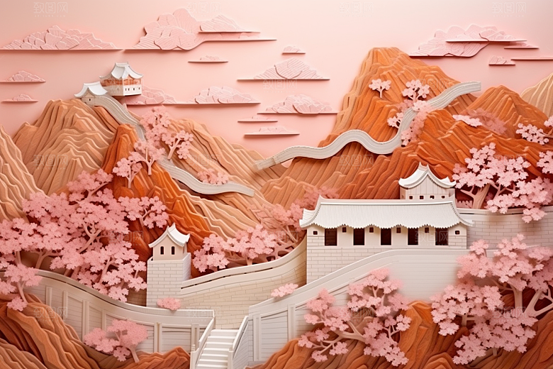 国潮长城山水工笔画剪纸