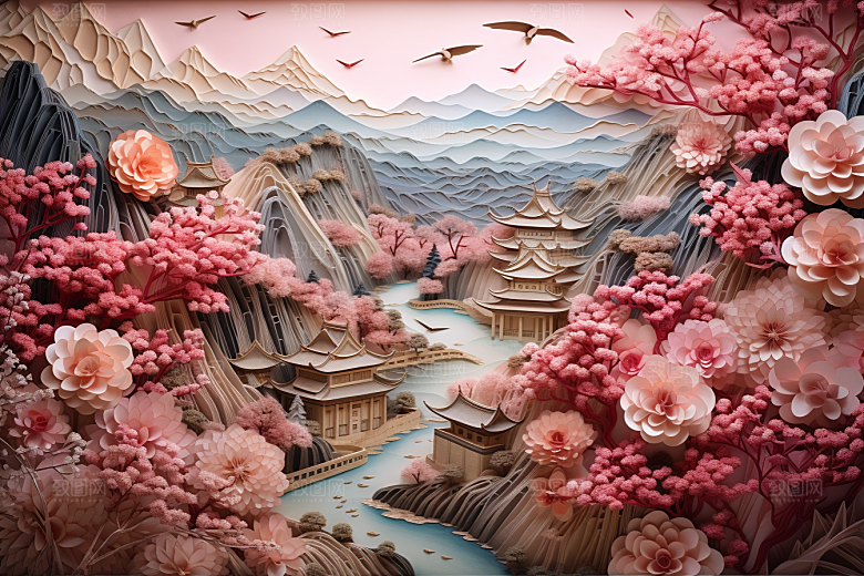 国潮长城工笔画精致剪纸