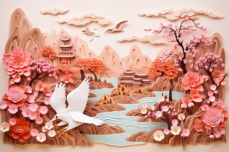 国潮长城工笔画层次剪纸
