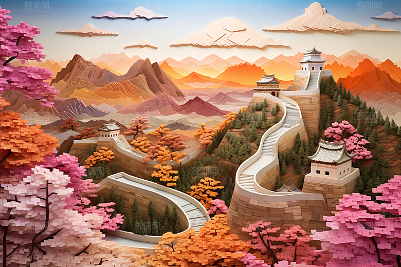 国潮长城层次工笔画剪纸