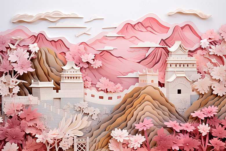 国潮长城山水艺术剪纸