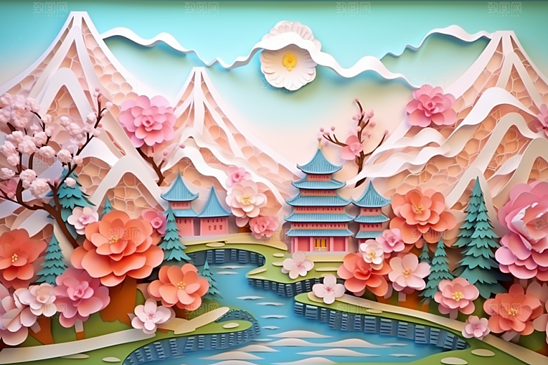 国潮长城艺术工笔画剪纸