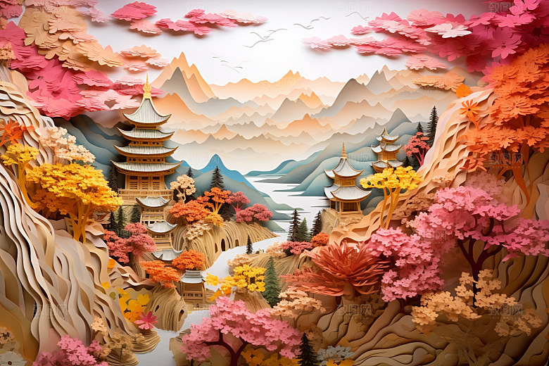 国潮长城山水艺术剪纸