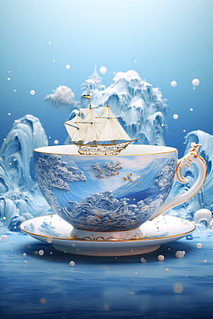 国潮风奶茶传统艺术国画饮料杯