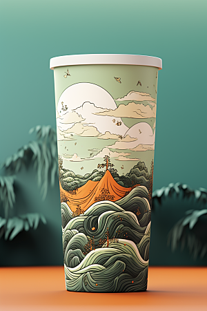 国潮风奶茶水墨山水传统艺术饮料杯