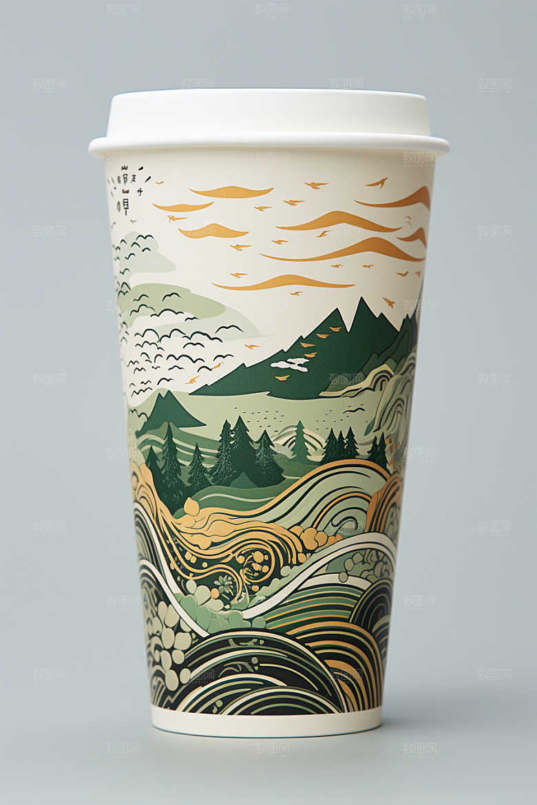 国潮风奶茶传统艺术国画饮料杯