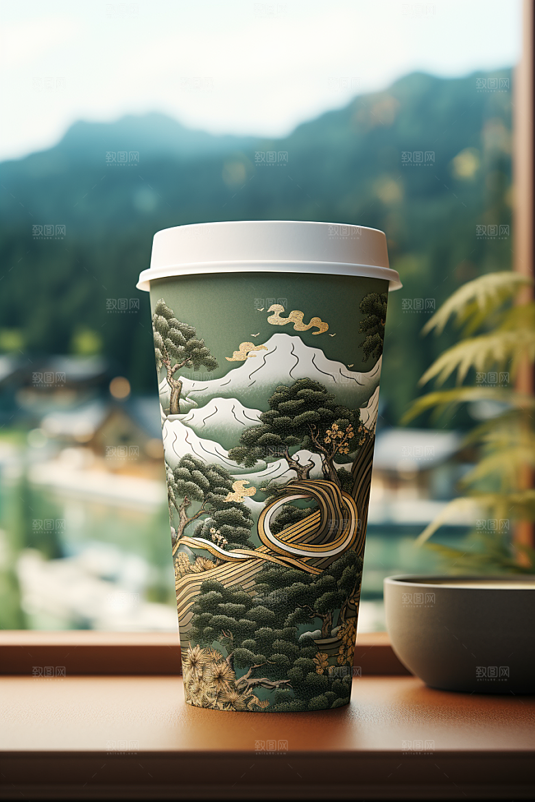 国潮风奶茶丹青传统艺术饮料杯