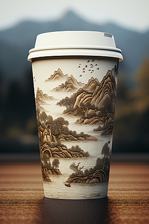 国潮风奶茶传统艺术丹青饮料杯