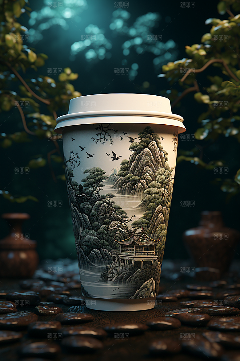 国潮风奶茶水墨山水传统艺术饮料杯