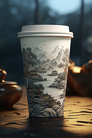 国潮风奶茶传统艺术丹青饮料杯