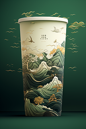 国潮风奶茶国画传统艺术饮料杯