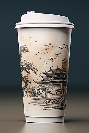 国潮风奶茶中国风国画饮料杯