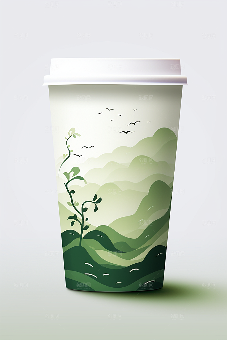 国潮风奶茶水墨山水国画饮料杯