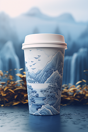 国潮风奶茶传统艺术水墨山水饮料杯