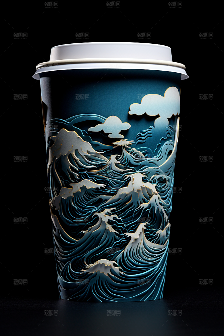 国潮风奶茶水墨山水国画饮料杯