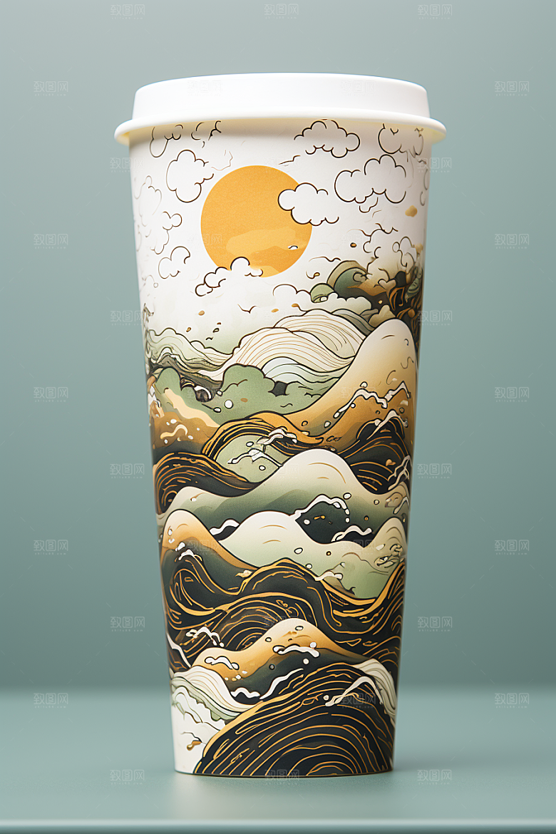 国潮风奶茶水墨山水国画饮料杯