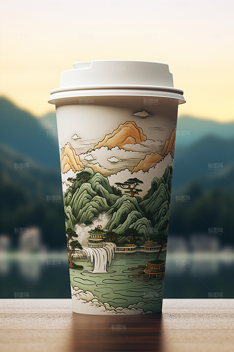 国潮风奶茶水墨山水国画饮料杯