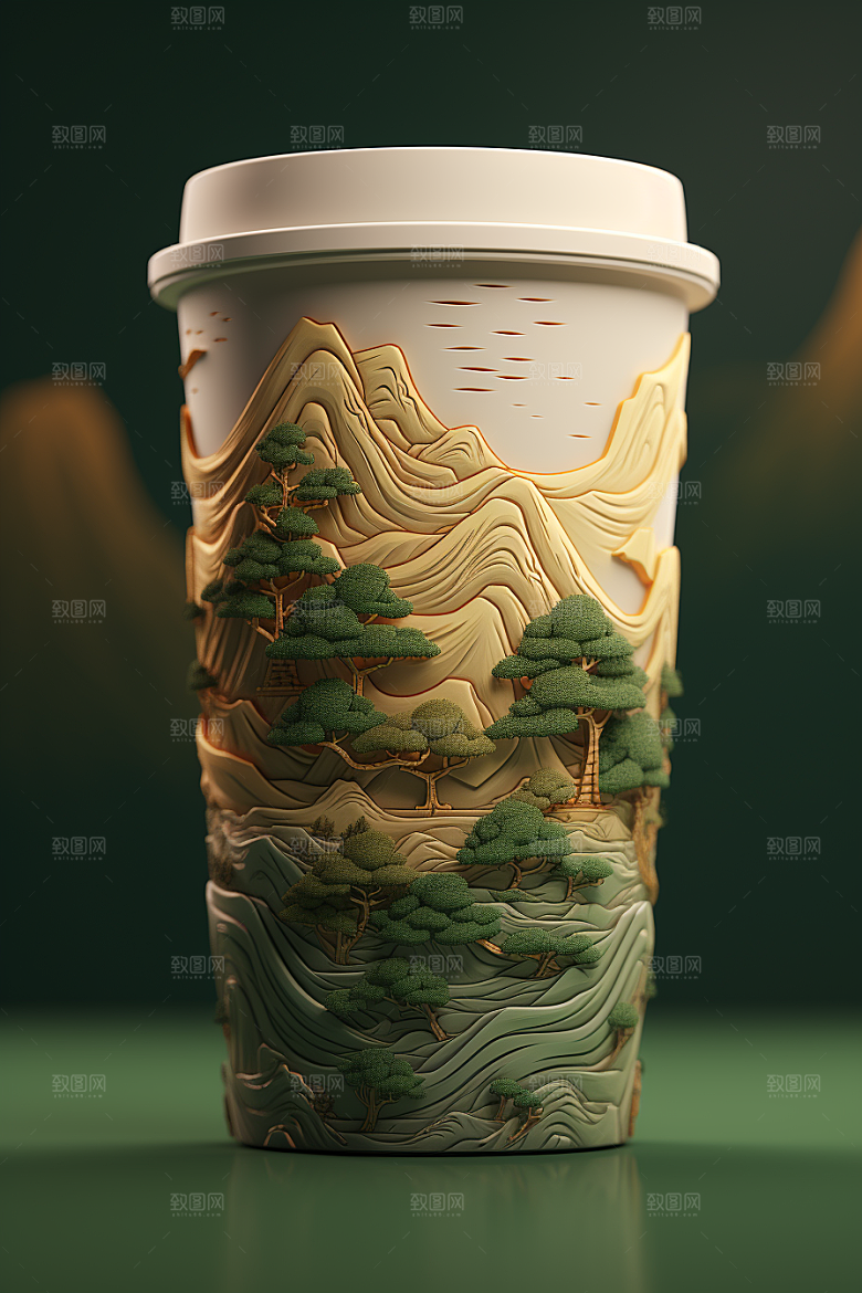 国潮风奶茶水墨山水国画饮料杯