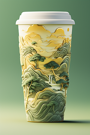国潮风奶茶丹青传统艺术饮料杯