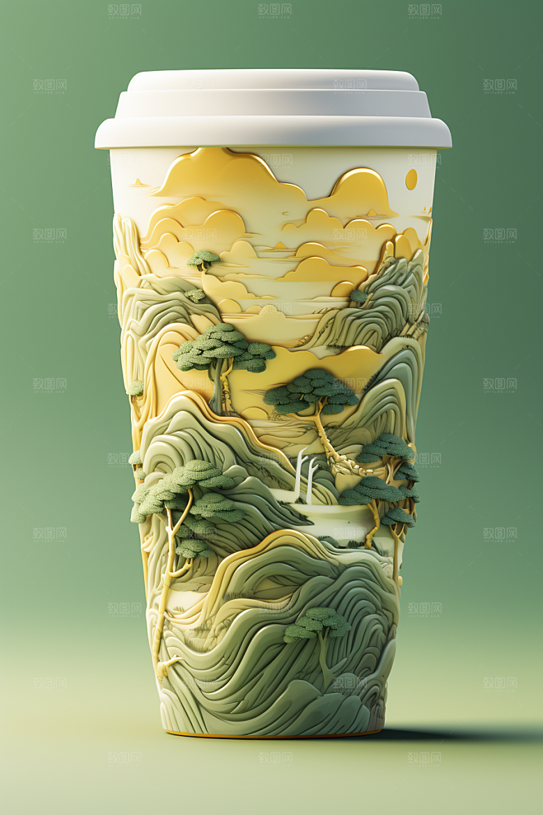 国潮风奶茶丹青传统艺术饮料杯