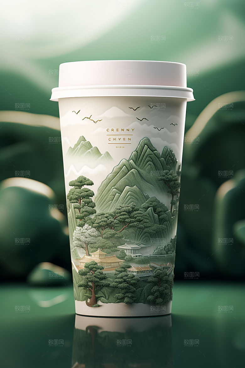 国潮风奶茶传统艺术水墨山水饮料杯