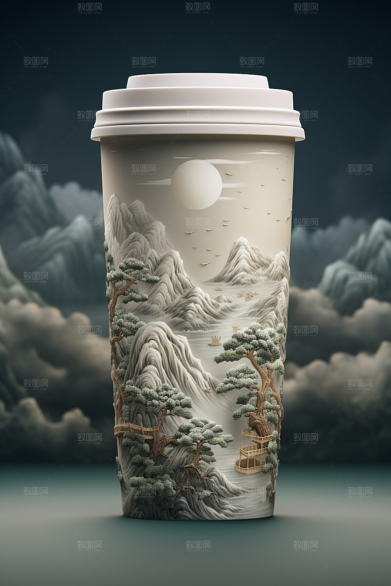 国潮风奶茶水墨山水国画饮料杯