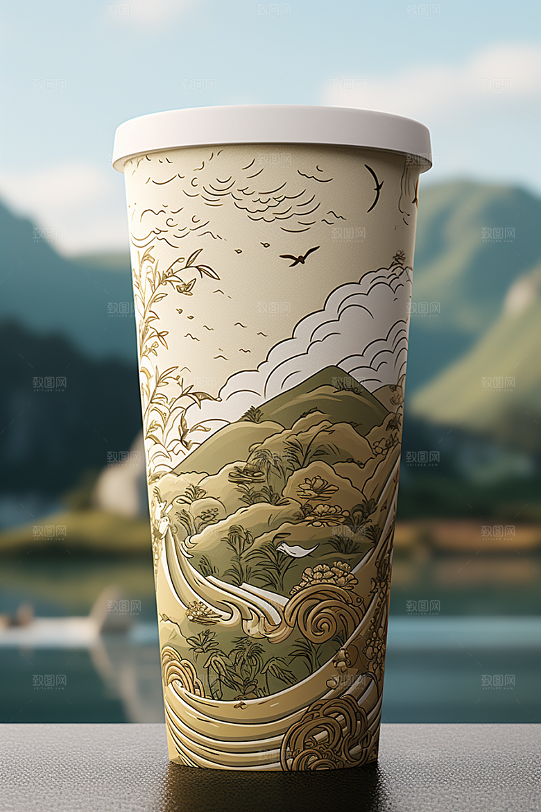 国潮风奶茶水墨山水传统艺术饮料杯