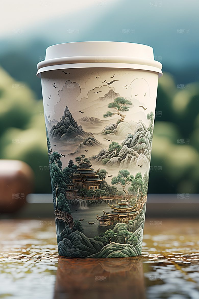 国潮风奶茶丹青传统艺术饮料杯