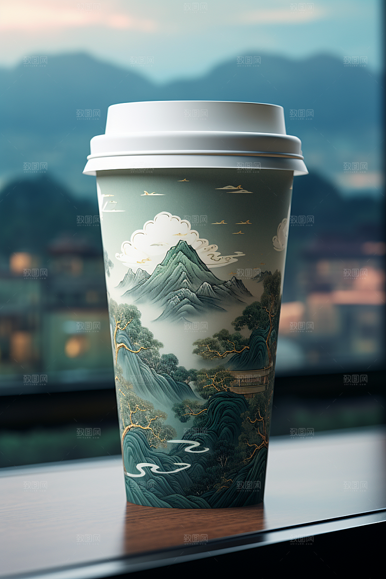 国潮风奶茶水墨山水丹青饮料杯