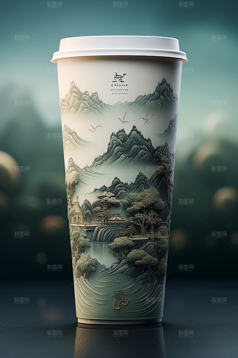 国潮风奶茶中国风丹青饮料杯