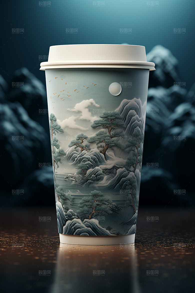 国潮风奶茶水墨山水国画饮料杯