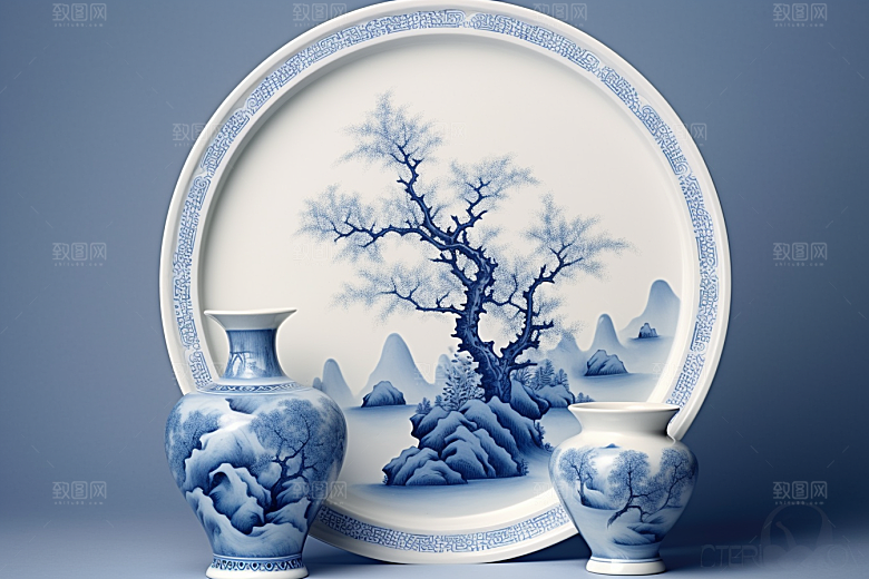 青花瓷国潮工笔画瓷器