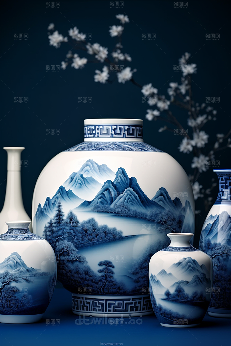 青花瓷山水古董瓷器