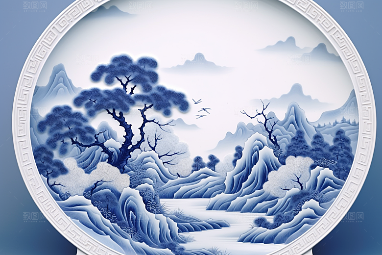 青花瓷国潮工笔画瓷器