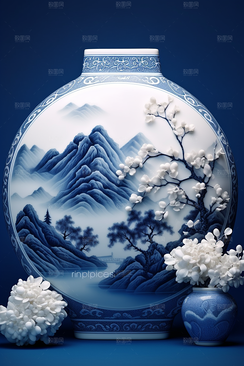 青花瓷国潮工笔画瓷器