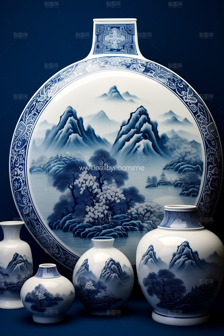 青花瓷山水国潮瓷器