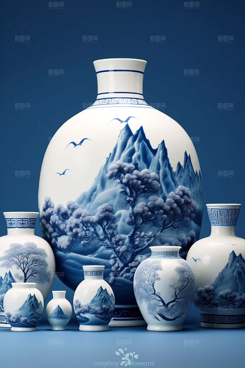 青花瓷国潮山水瓷器