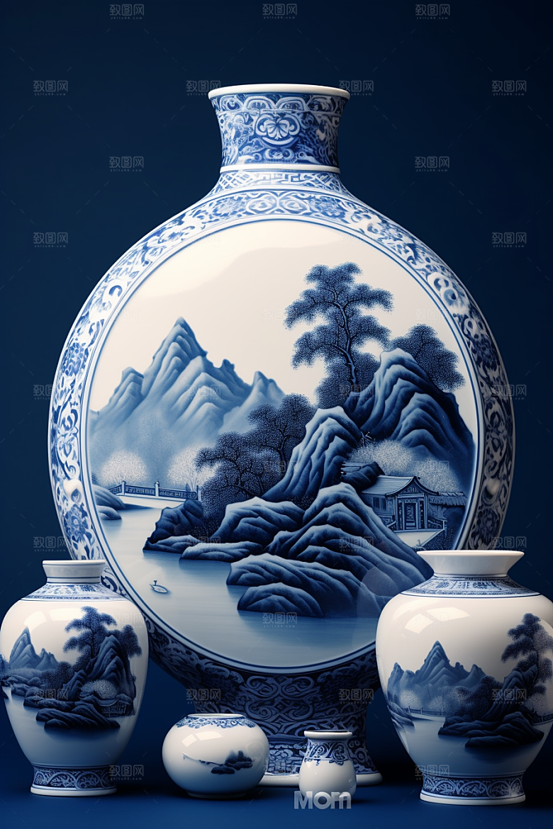 青花瓷工笔画国潮瓷器