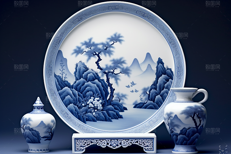 青花瓷古董水墨瓷器