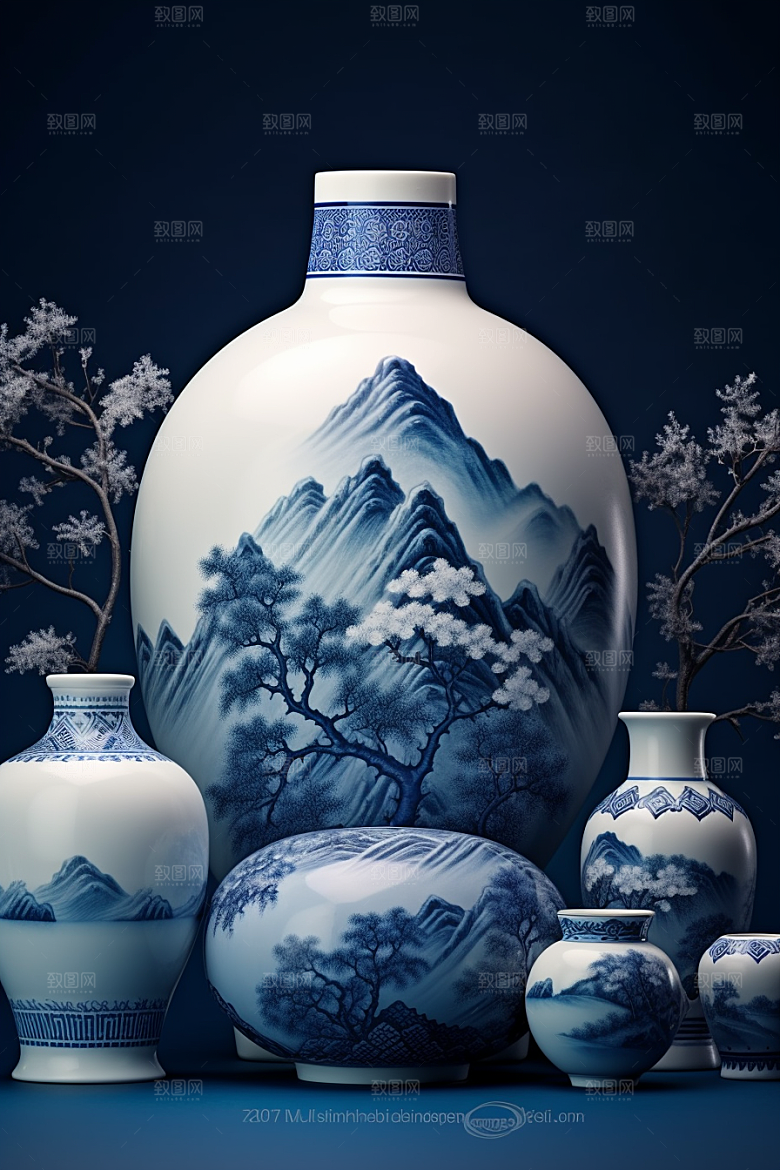 青花瓷山水中国风瓷器