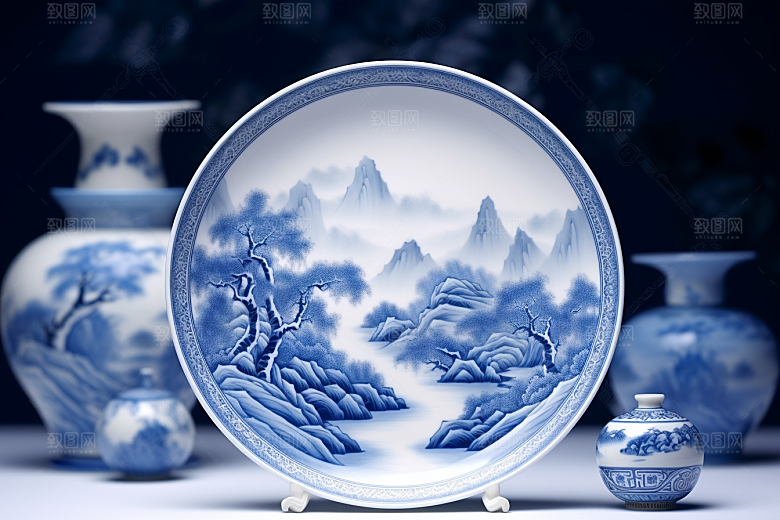青花瓷中国风工笔画瓷器