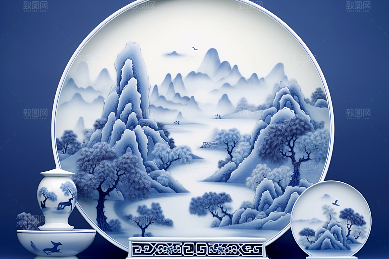 青花瓷水墨古董瓷器