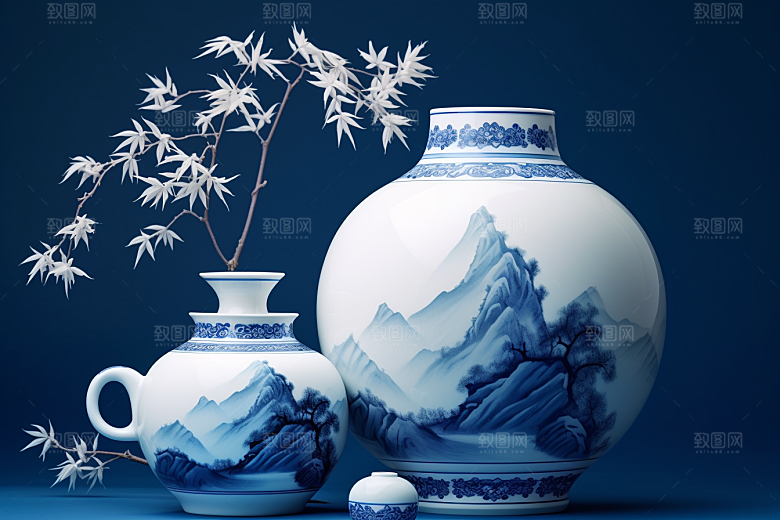 青花瓷工笔画器皿瓷器