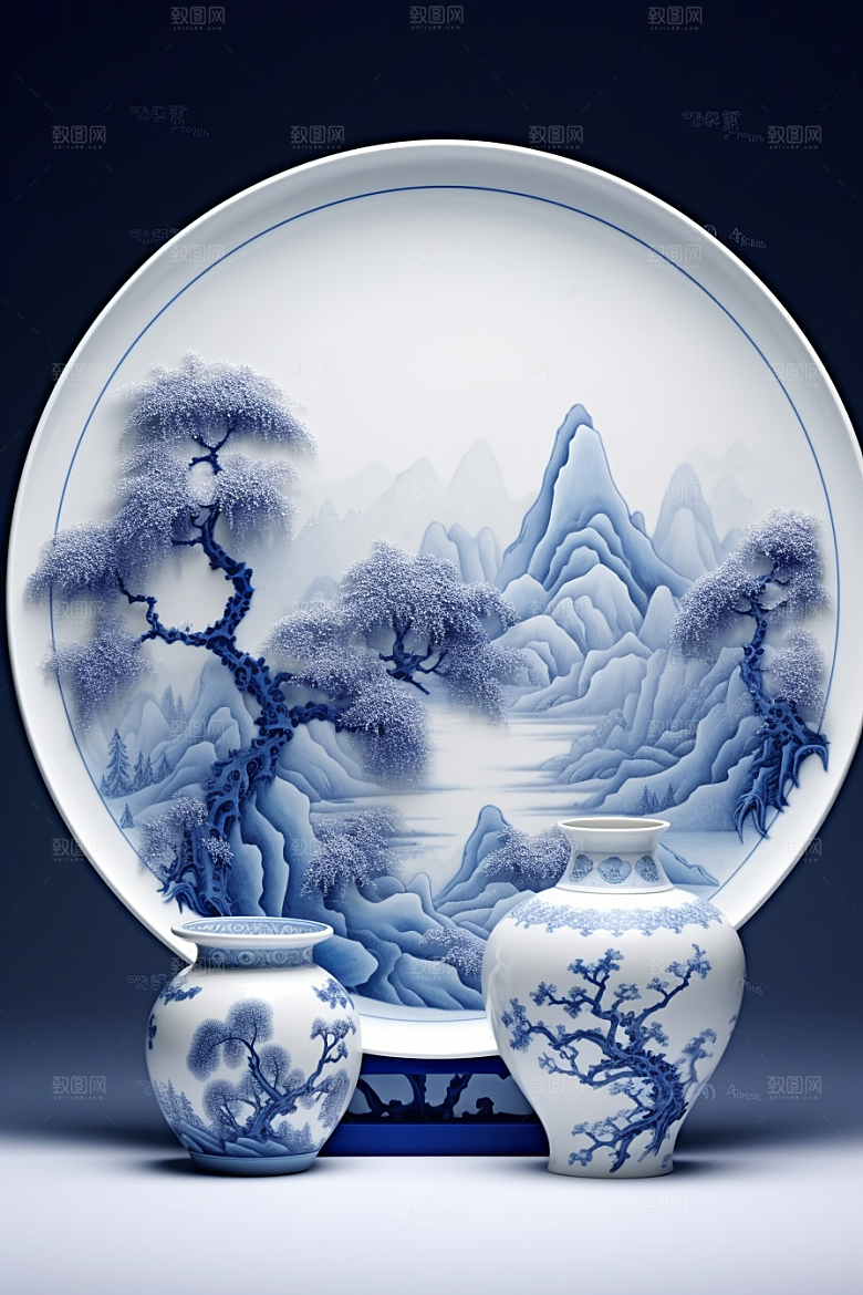 青花瓷山水器皿瓷器