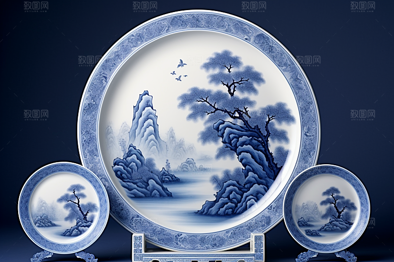 青花瓷水墨中国风瓷器