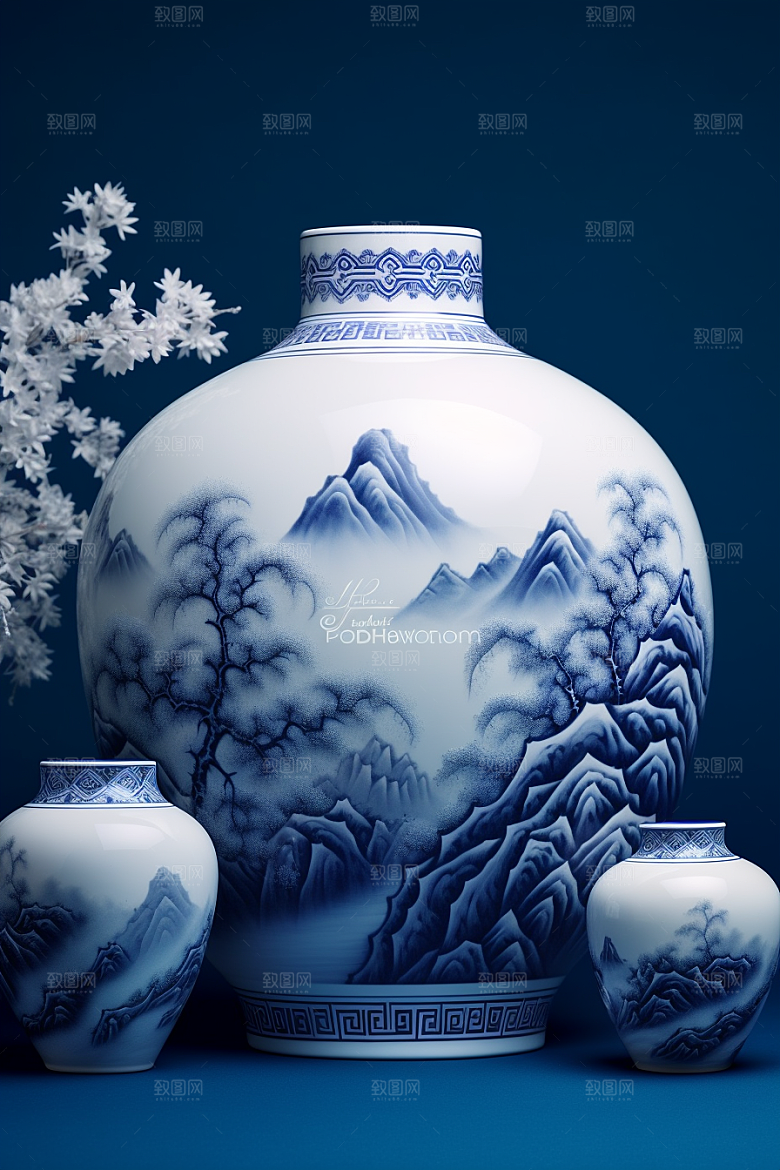 青花瓷水墨国潮瓷器