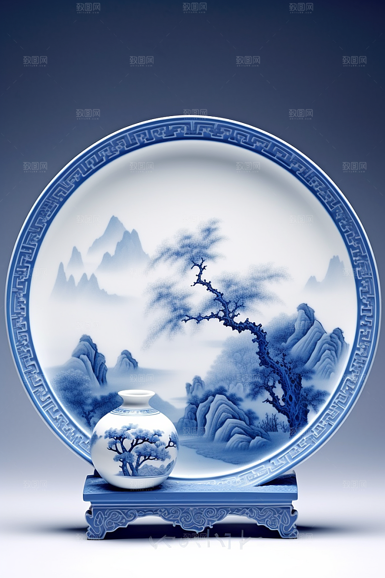 青花瓷古董山水瓷器