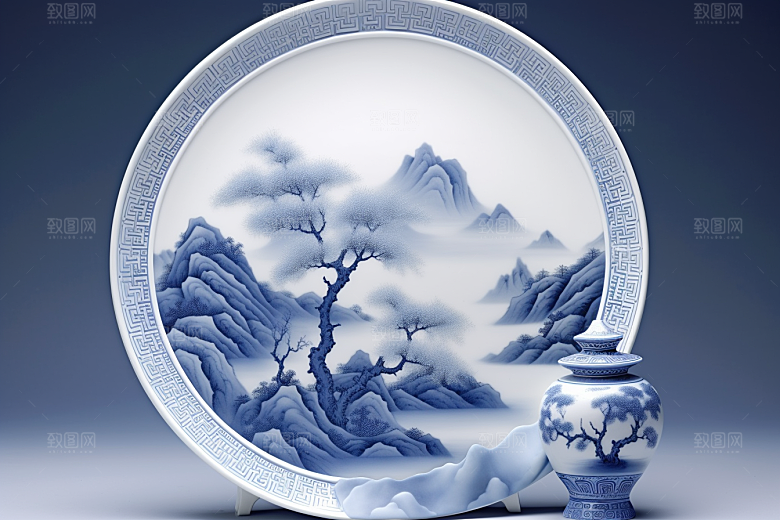 青花瓷古董工笔画瓷器