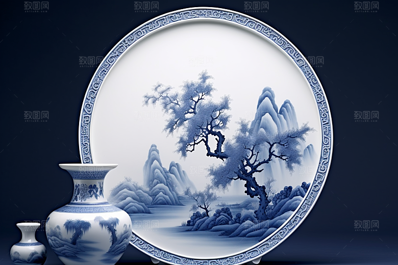 青花瓷水墨古董瓷器