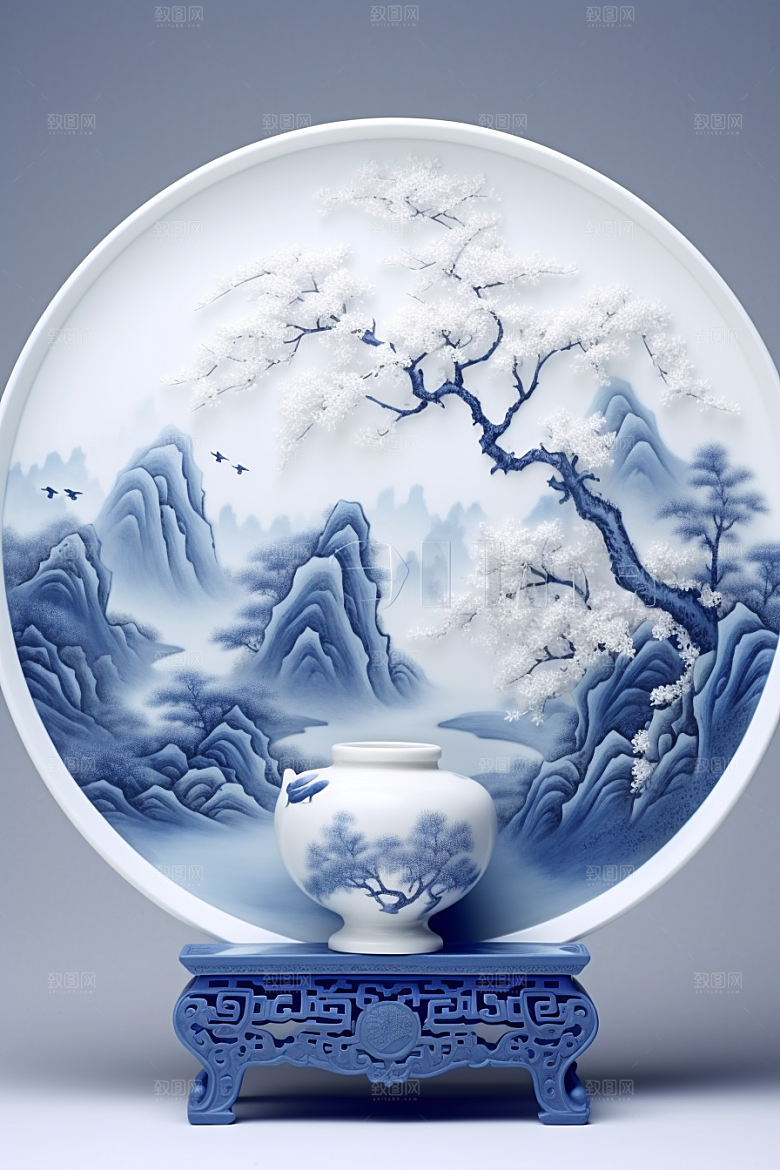 青花瓷工笔画古董瓷器